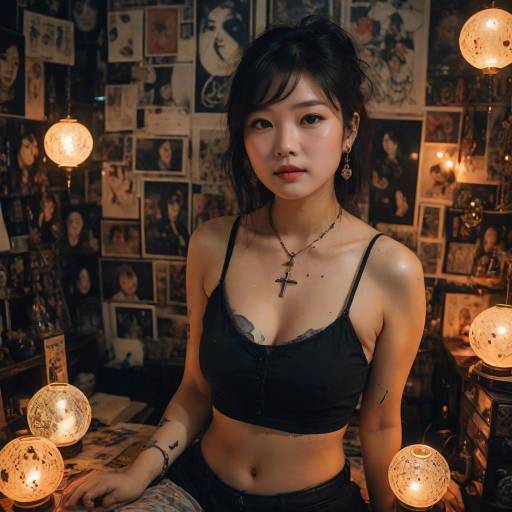 Photograph of a smiling Asian woman with short black hair, wearing a black lace-trimmed bra, choker with cross, in a warmly lit