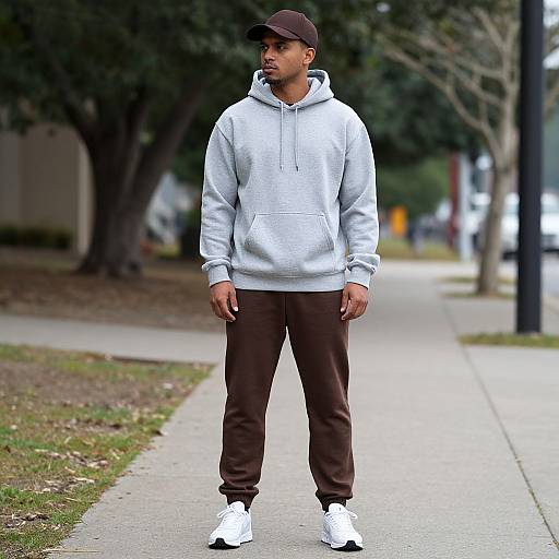 Photograph of a young Black man in a gray hoodie, black cap, brown pants, and white sneakers, standing on a suburban sidewalk.