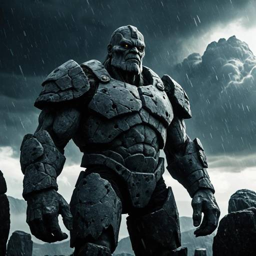 Ancient Stone Golem in Stormy Fantasy Landscape