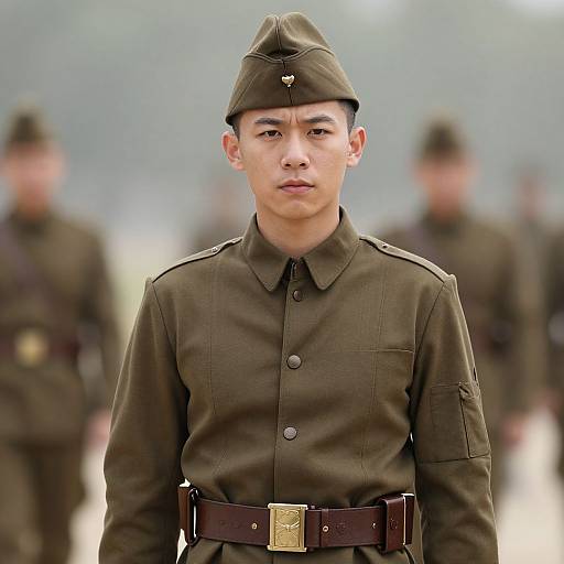 Photograph of a serious Asian male soldier in a dark olive uniform and cap, standing in front of blurred fellow soldiers.