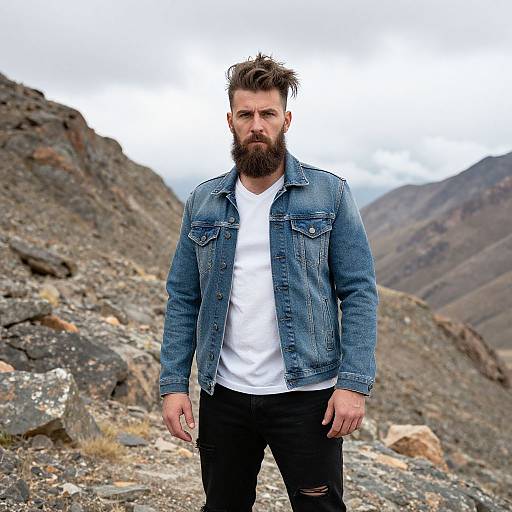 Photograph of a bearded man with brown hair, wearing a denim jacket, white t-shirt, and black ripped jeans, standing in a rocky mountain