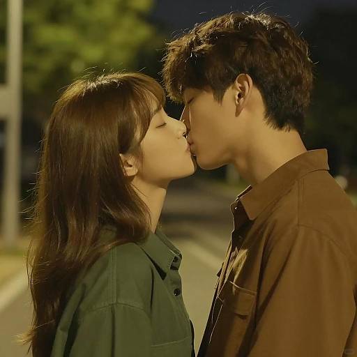 Romantic Nighttime Kiss of Young Couple