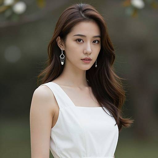 Photograph of an Asian woman with long, wavy brown hair, wearing a white sleeveless dress and dangling silver earrings, standing outdoors with a blurred