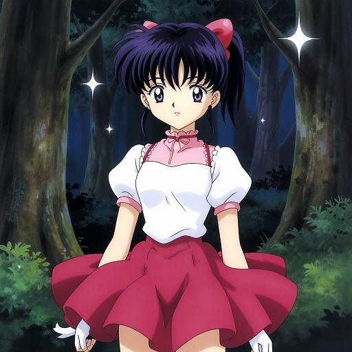 Anime-style digital drawing of a girl with black hair, pink bow, white blouse, and red skirt, standing in a dark forest.