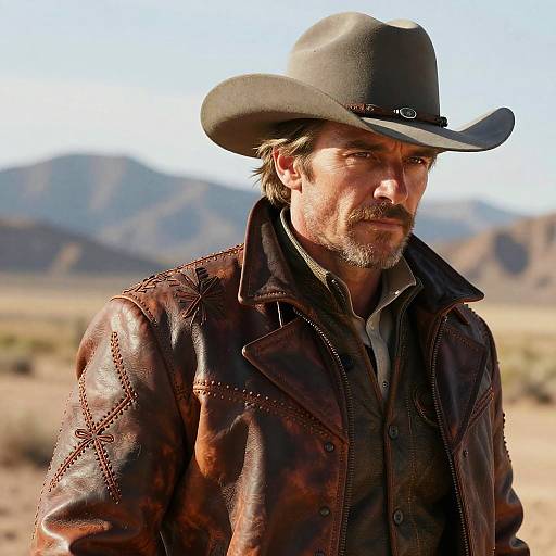 Photograph of a rugged, middle-aged man with a brown leather jacket, black shirt, and gray cowboy hat, standing in a desert with mountains in