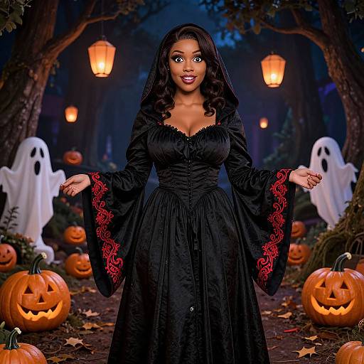 Photograph of a beautiful Black woman in a black Halloween dress with red rose embroidery, surrounded by carved pumpkins and ghost decorations in a nighttime forest.