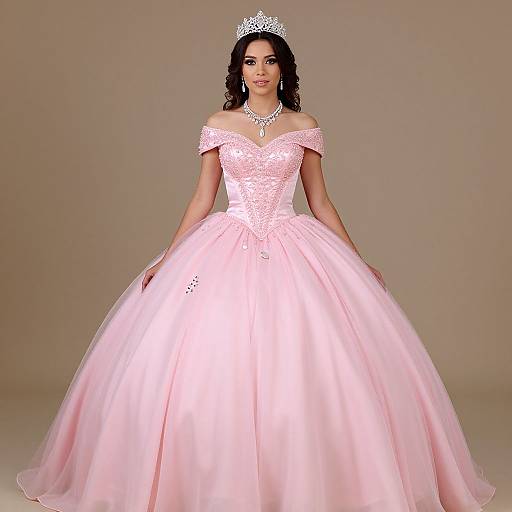 Photograph of a woman with dark hair, wearing an off-shoulder, pink, ball gown with a lace bodice, silver tiara,