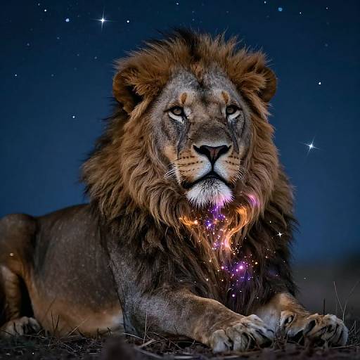 Photograph of a regal lion with a glowing, star-like mane against a dark, starry night sky, lying on grass.