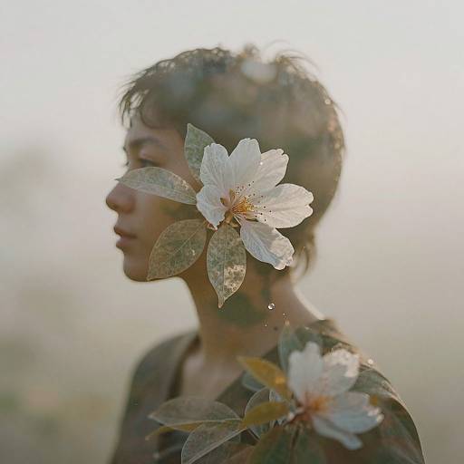 Photograph of an Asian person with short, messy hair, wearing a dark shirt, with white flowers and green leaves superimposed on their face and