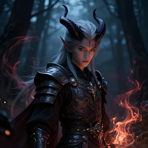 Digital fantasy artwork: pale-skinned demon woman with black horns, long silver hair, intense gaze, black armored chestplate, fiery flames, dark forest