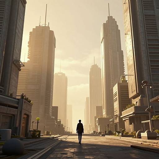Photograph of a silhouetted person walking down a sunlit, empty urban street between towering skyscrapers, with golden sunlight casting long shadows