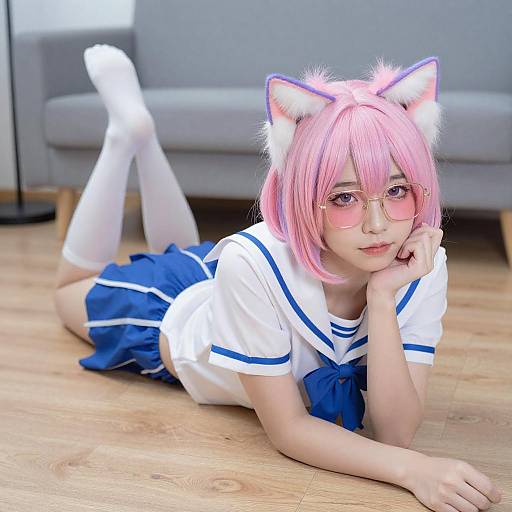 Person with Pink-Purple Hair in Sailor Outfit