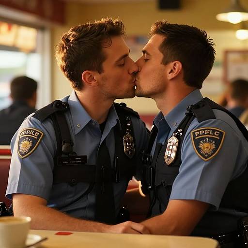 Photograph of two male police officers in blue uniforms kissing passionately in a diner, with blurred background and warm lighting.