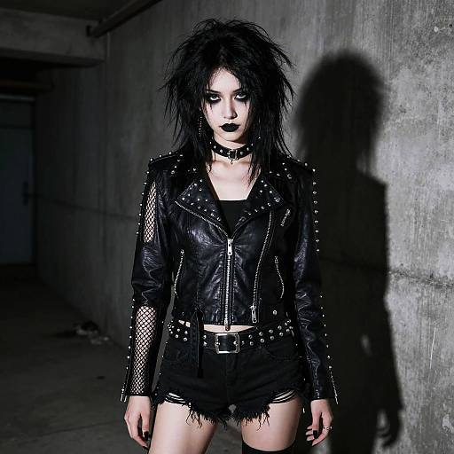 Gothic woman with black spiky hair, heavy makeup, leather jacket, fishnet sleeves, black shorts, choker, standing in dark,
