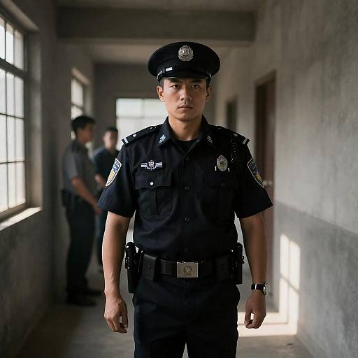 Stern Police Officer in Prison Hallway