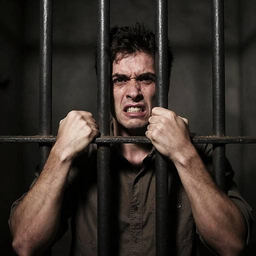 Desperate Man in Dim Prison Cell