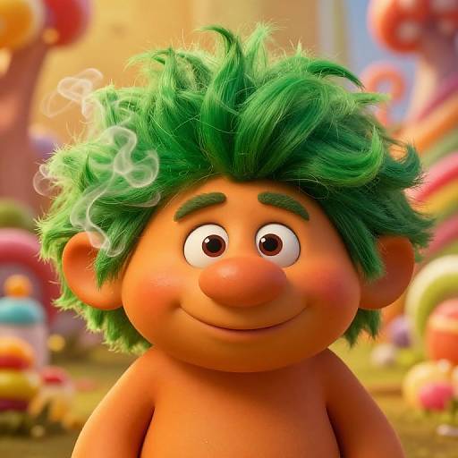 CGI cartoon of a smiling, shirtless, green-haired child with curly hair and bushy eyebrows, set in a colorful, whimsical background.