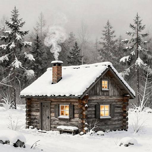 Cozy Snowy Log Cabin Drawing