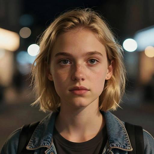 Photograph of a young woman with blonde, shoulder-length hair, wearing a denim jacket over a black top, in a nighttime urban setting with blurred bo