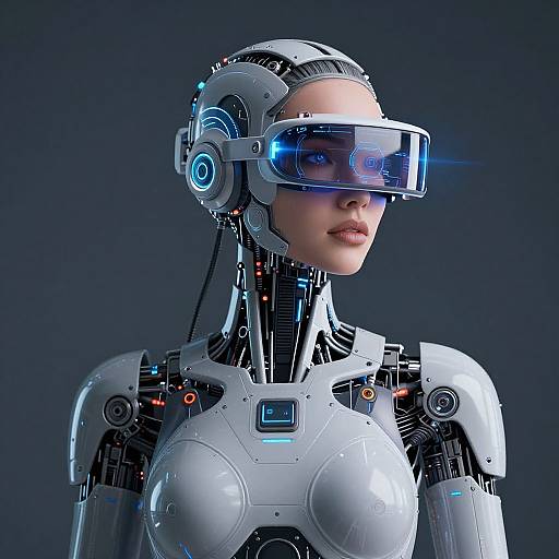CGI image of a futuristic, cybernetic woman with blue glowing visor, white and silver robotic armor, and exposed mechanical components. Dark background