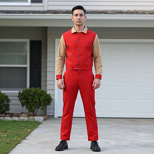Photograph of a young man with short black hair, fair skin, wearing a red and beige varsity jacket and matching pants, black shoes, standing