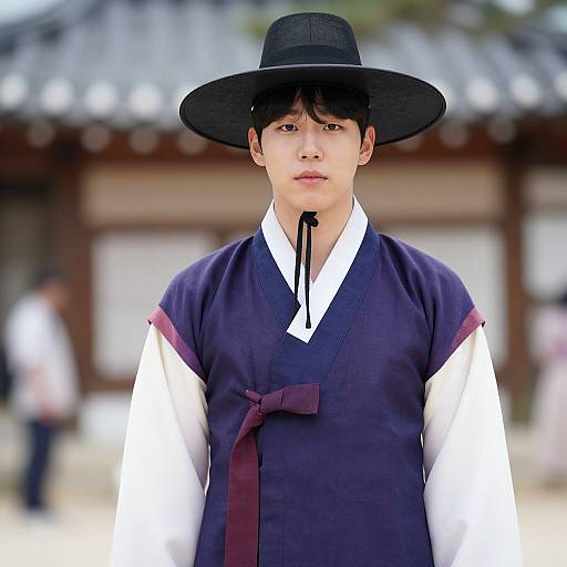 Photograph of a young Asian man in traditional Korean hanbok with black hat, white shirt, and dark blue vest, standing in front of a
