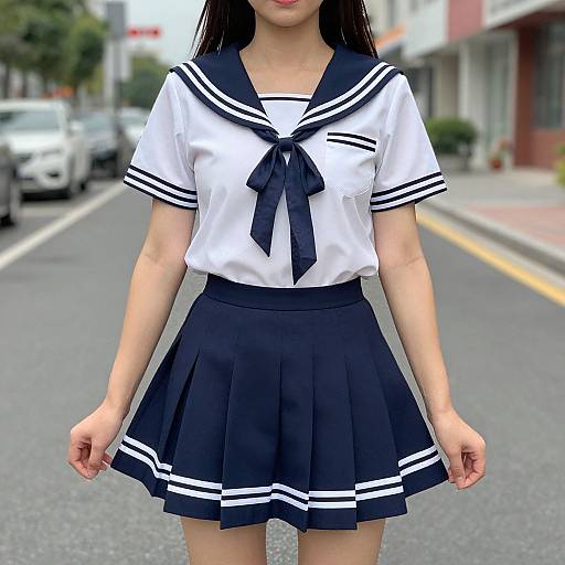 Woman in Sailor Costume on Street