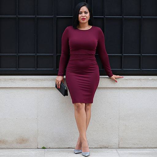Photograph of a confident woman with medium skin tone, black hair, red lipstick, wearing a form-fitting maroon dress and gray heels, leaning