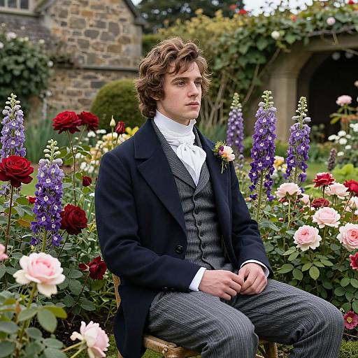 Photograph of a young man with curly brown hair, wearing a dark suit, white shirt, and gray vest, sitting in a vibrant garden filled with