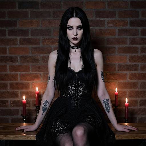 Gothic woman with long black hair, dark lipstick, lace dress, choker, tattoos, sitting on wooden table, three red candles, brick