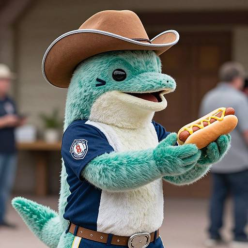Photograph of a teal, fuzzy anthropomorphic lizard wearing a brown cowboy hat, black and white shirt, and brown belt, holding a hotdog.