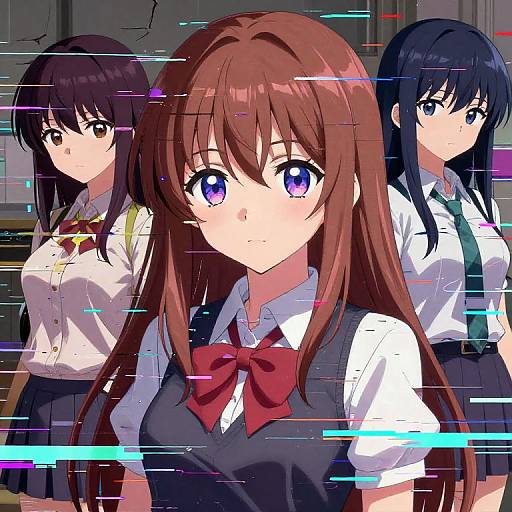 Digital anime-style drawing of three schoolgirls with large eyes, wearing white shirts, black vests, and red bow ties, standing in a classroom with glitch
