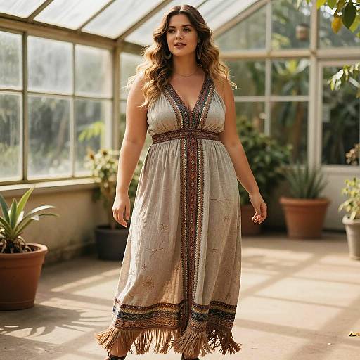 Plus-Size Woman in Bohemian Maxi Dress in Greenhouse