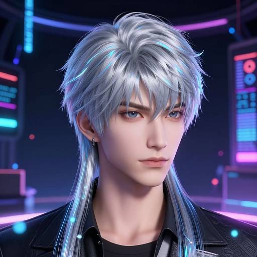 Digital CGI portrait of a young, androgynous, pale-skinned man with silver, neon-lit hair, blue eyes, and black jacket