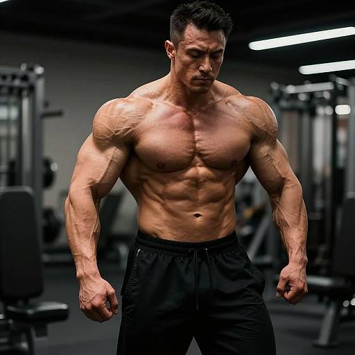 Photograph of a muscular, shirtless Asian man with defined abs and veins, wearing black pants, in a dimly lit gym. Intense expression