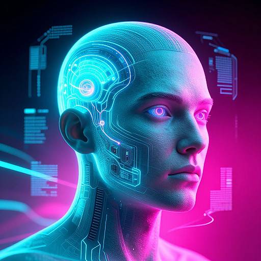 Digital artwork of a bald, cybernetic human with glowing blue circuitry and neon pink background, showcasing futuristic, high-tech aesthetics.