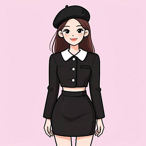 Digital anime-style drawing of a young woman with long brown hair, black beret, long-sleeve black crop top with white collar, and black