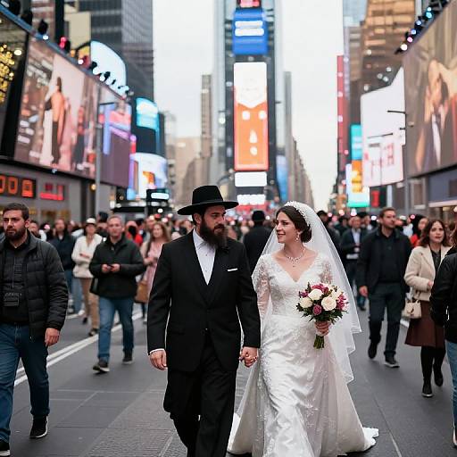 Photograph of a bearded groom in black suit and hat, holding hands with a bride in white gown and veil, holding bouquet, walking through a