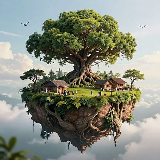 Digital artwork of a whimsical floating island with a giant tree, rustic houses, lush greenery, and people gathered below. Birds fly in the bright