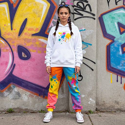 Photograph of a young woman with braided hair, wearing a white hoodie, colorful graffiti-splattered pants, white sneakers, and large hoop earrings