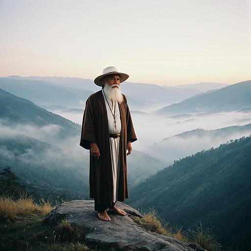 Elderly Man Standing on Misty Mountain Peak