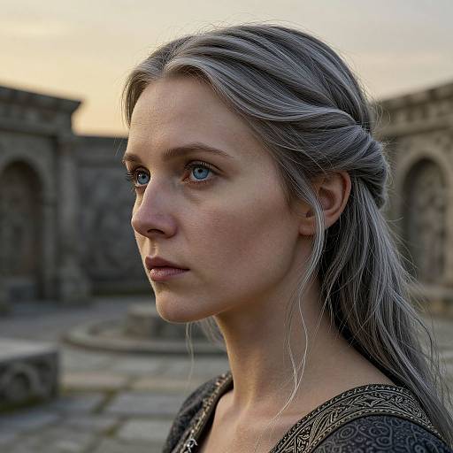 Photorealistic digital portrait of a fair-skinned, blue-eyed woman with gray-blonde braided hair, wearing a patterned dark top,