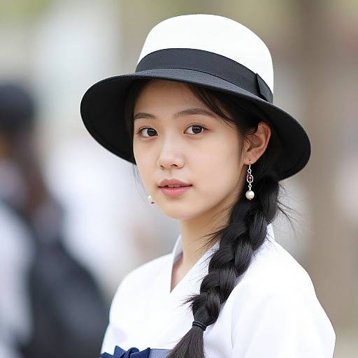Photograph of an Asian woman with fair skin, black braid, wearing a white and black hat, white shirt, and dangling earrings, softly smiling