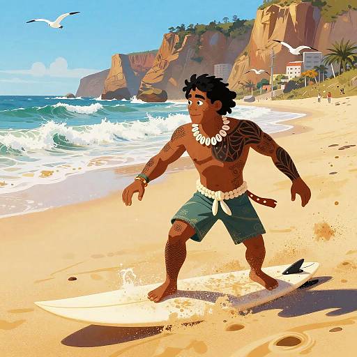 Digital art: Muscular, tattooed, dark-skinned man with black curly hair, wearing green shorts and a shell necklace, surfing on a sunny
