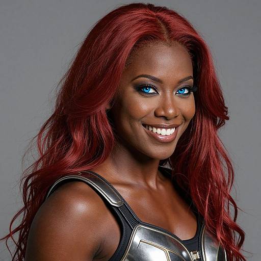 Photograph of a smiling Black woman with vibrant red hair, blue eyes, and metallic black top, against a plain gray background.