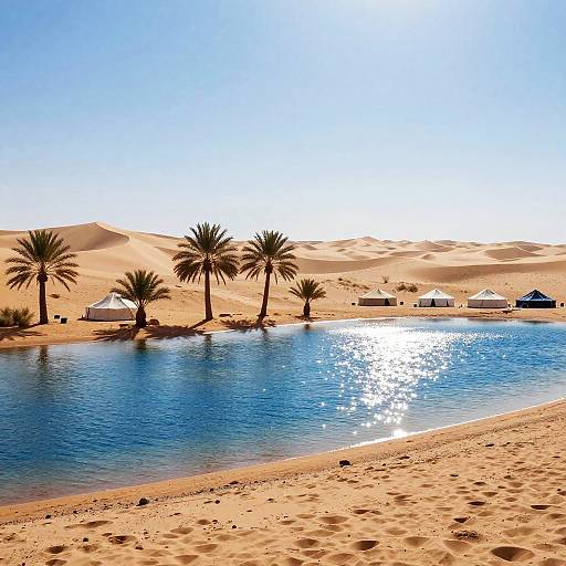 Photograph of a desert oasis with clear blue pool, palm trees, white tents, and sandy dunes under a bright blue sky.