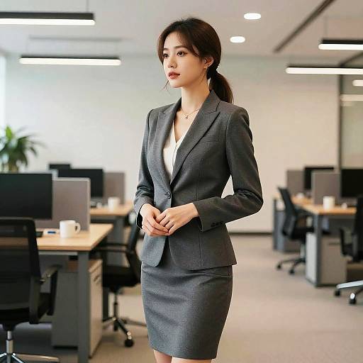 Photograph of an Asian woman with long black hair in a gray blazer and pencil skirt, standing in a modern, brightly lit office with desks and