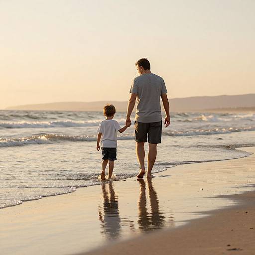 Photograph of a father and son holding hands, walking along a beach at sunset, with gentle waves and a golden sky.