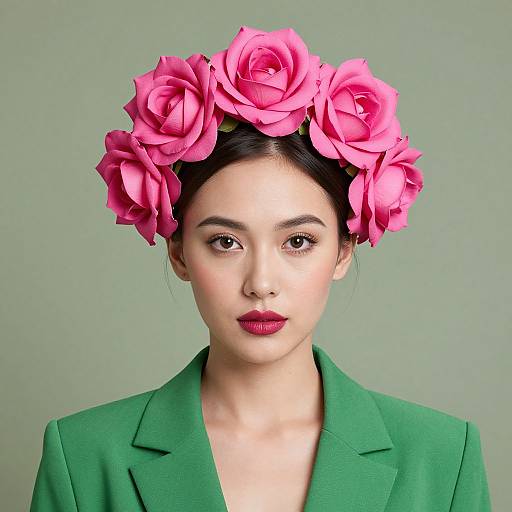 Photograph of an Asian woman with fair skin, black hair, wearing a bright pink rose headpiece, green blazer, and red lipstick, against