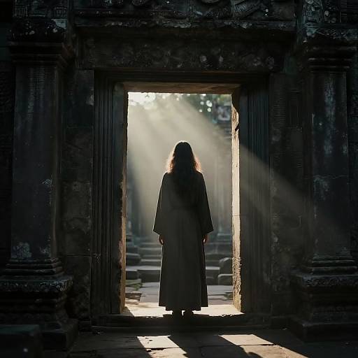 Silhouetted woman in long coat stands in ancient stone temple doorway, sunlight beams through, creating dramatic contrast. Photographic image.